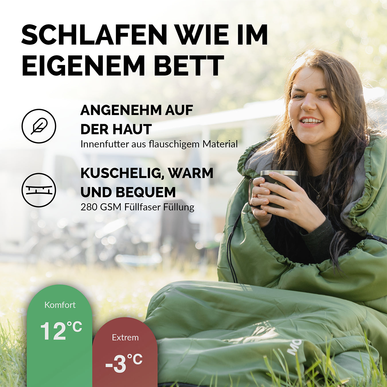 Deckenschlafsack mit Kapuze 12°C bis -3°C